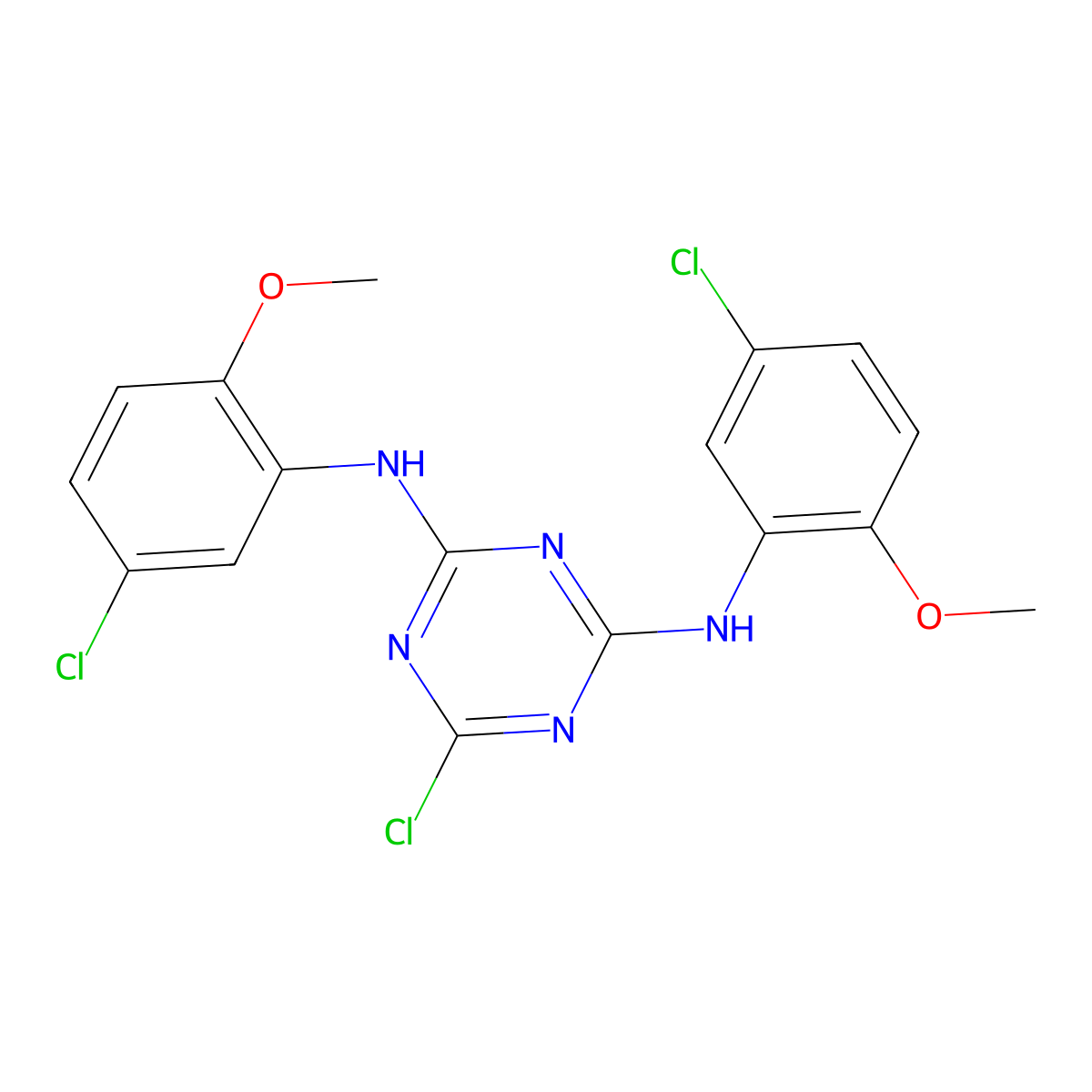 6-chloro-N,N'-bis(5-chloro-2-methoxyphenyl)-1,3,5-triazine-2,4-diamine molecular structure, CAS 378203-95-3