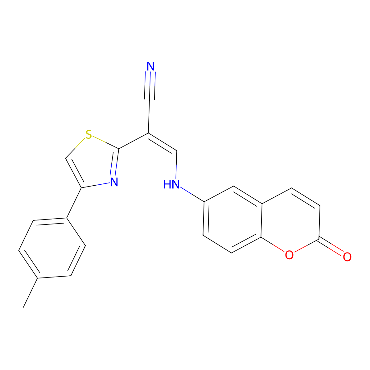 4-(4-Methylphenyl)-I+/--[[(2-oxo-2H-1-benzopyran-6-yl)amino]methylene]-2-thiazoleacetonitrile molecular structure, CAS 378203-96-4