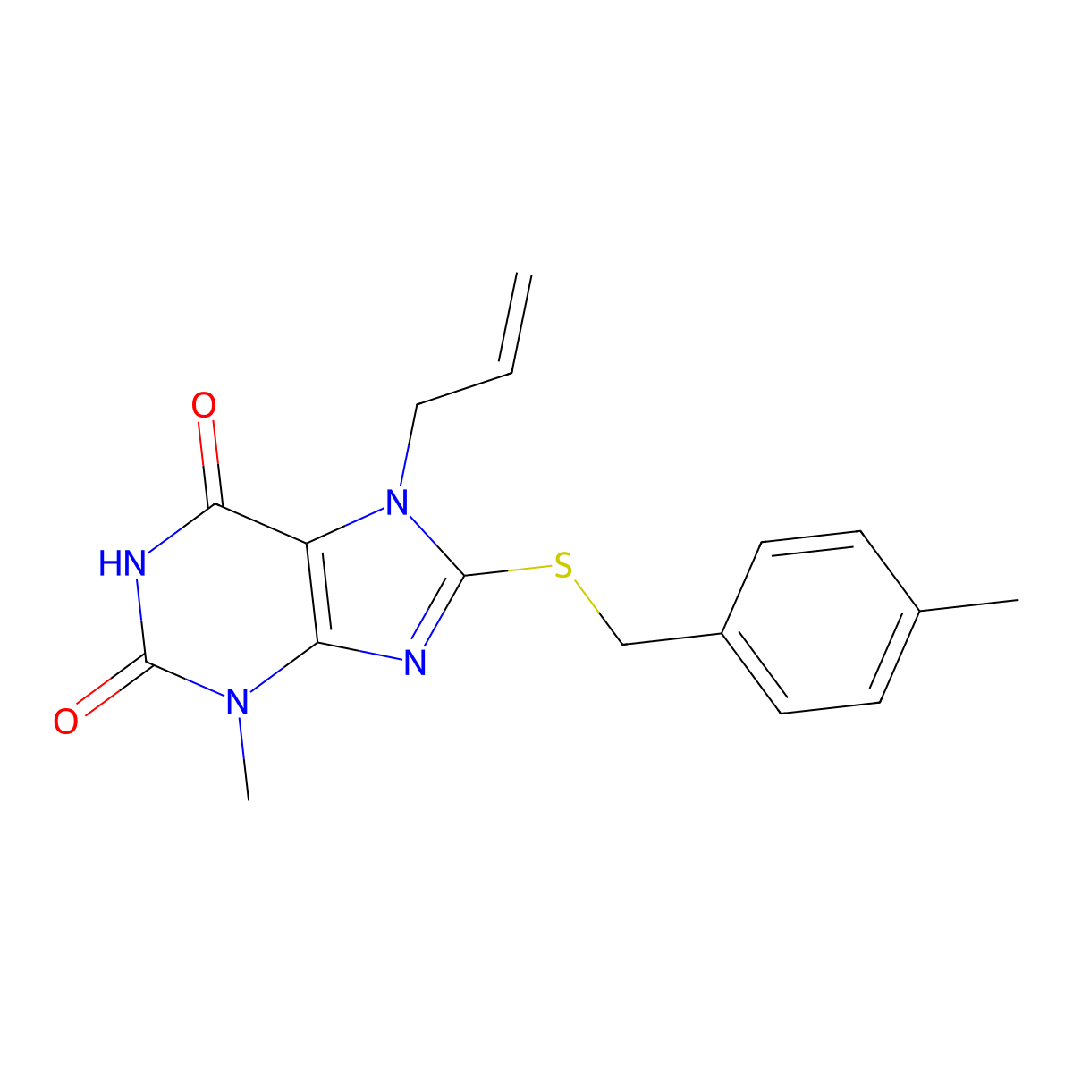 7-allyl-3-methyl-8-((4-methylbenzyl)thio)-1H-purine-2,6(3H,7H)-dione molecular structure, CAS 378204-13-8