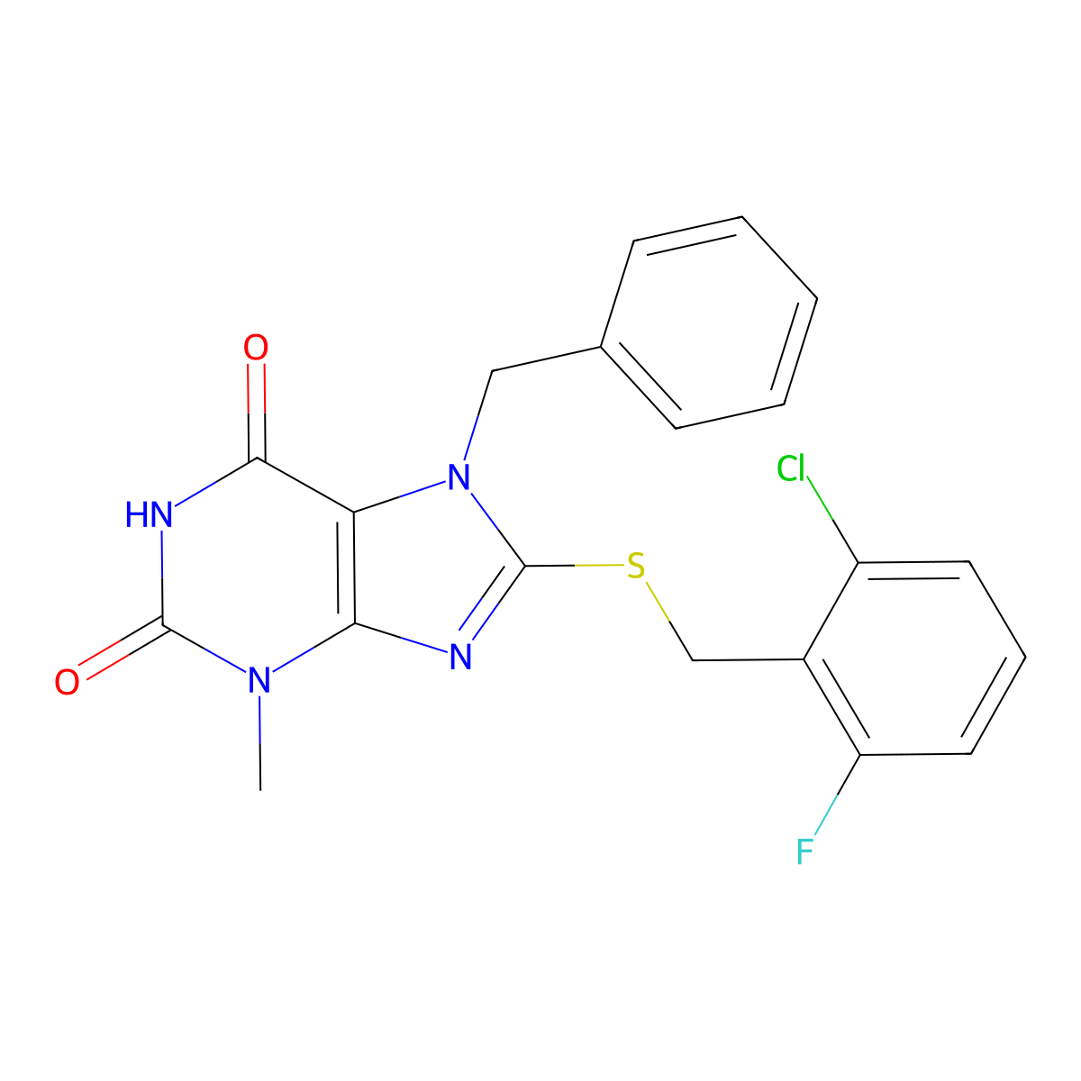 7-benzyl-8-((2-chloro-6-fluorobenzyl)thio)-3-methyl-1H-purine-2,6(3H,7H)-dione molecular structure, CAS 378204-58-1