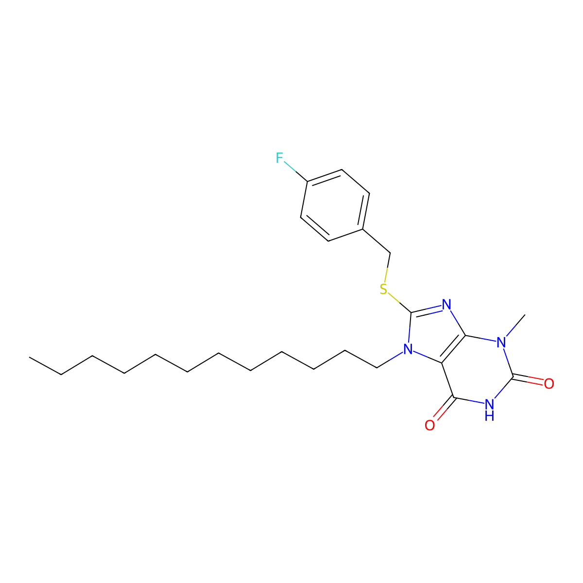 7-Dodecyl-8-[(4-fluorophenyl)methylsulfanyl]-3-methylpurine-2,6-dione molecular structure, CAS 378205-40-4