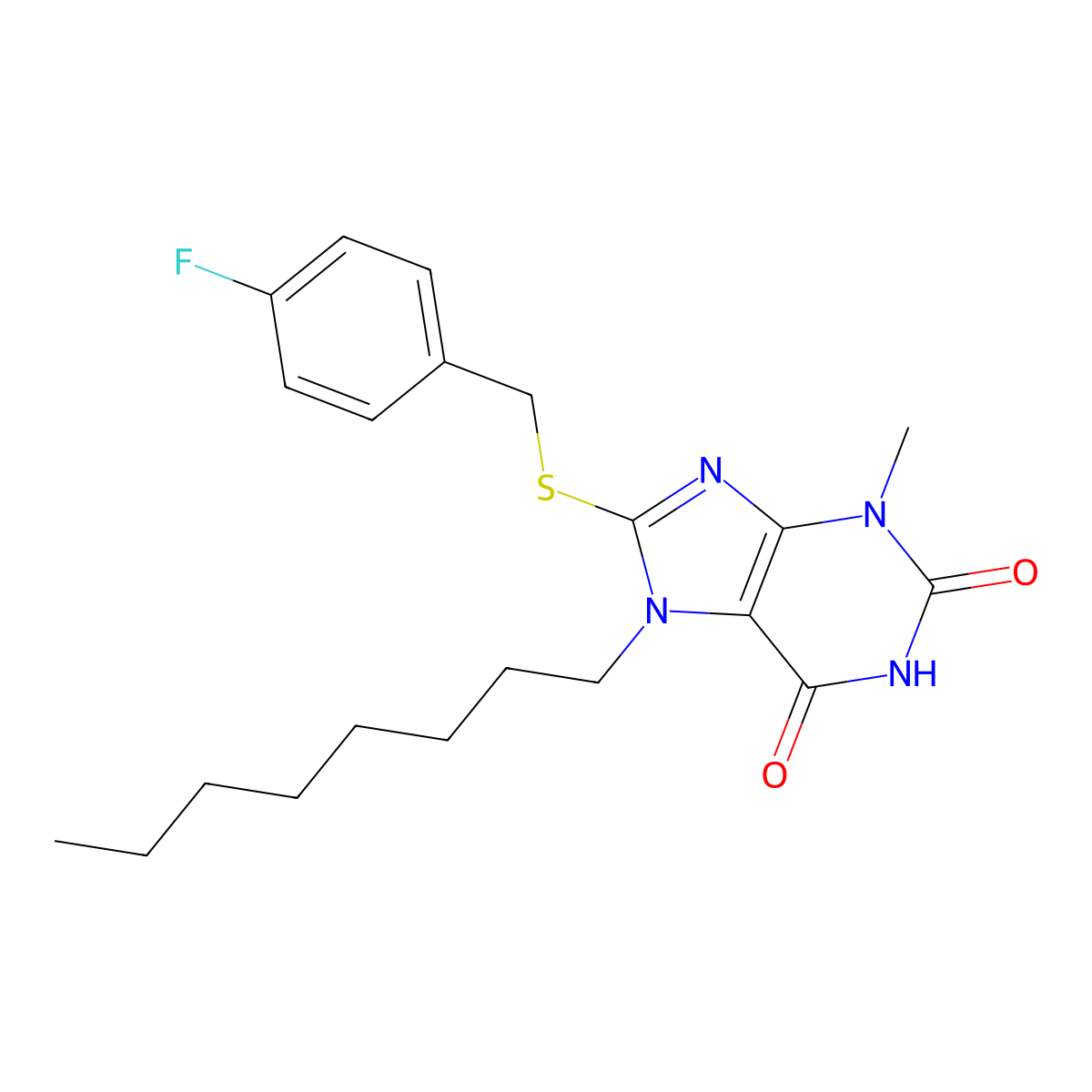 8-[(4-Fluorophenyl)methylsulfanyl]-3-methyl-7-octylpurine-2,6-dione molecular structure, CAS 378205-55-1