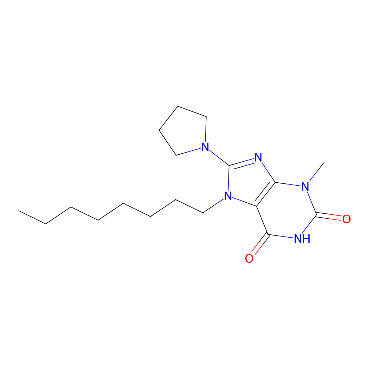 3-methyl-7-octyl-8-(pyrrolidin-1-yl)-1H-purine-2,6(3H,7H)-dione molecular structure, CAS 378205-62-0
