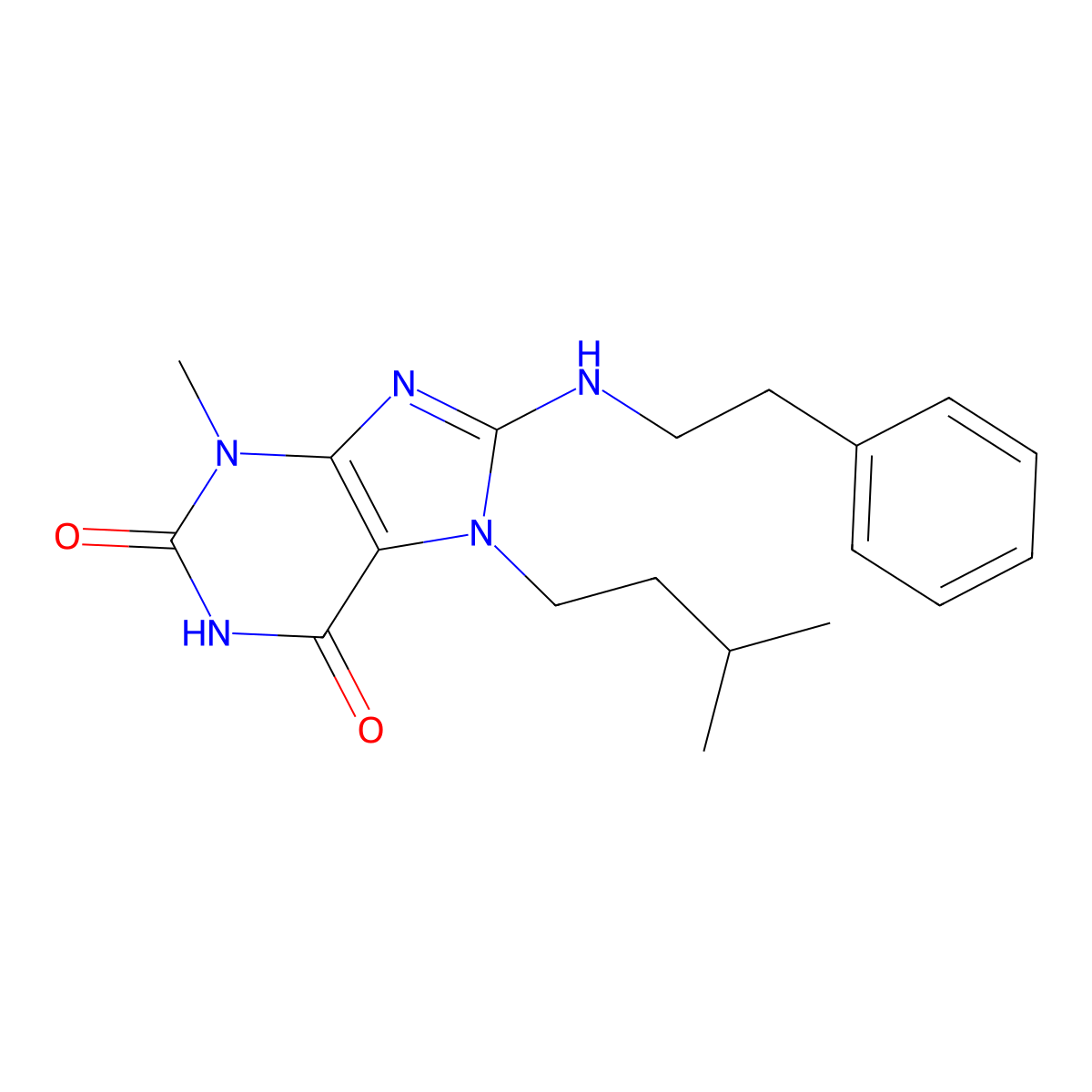 3-methyl-7-(3-methylbutyl)-8-[(2-phenylethyl)amino]-2,3,6,7-tetrahydro-1H-purine-2,6-dione molecular structure, CAS 378205-98-2