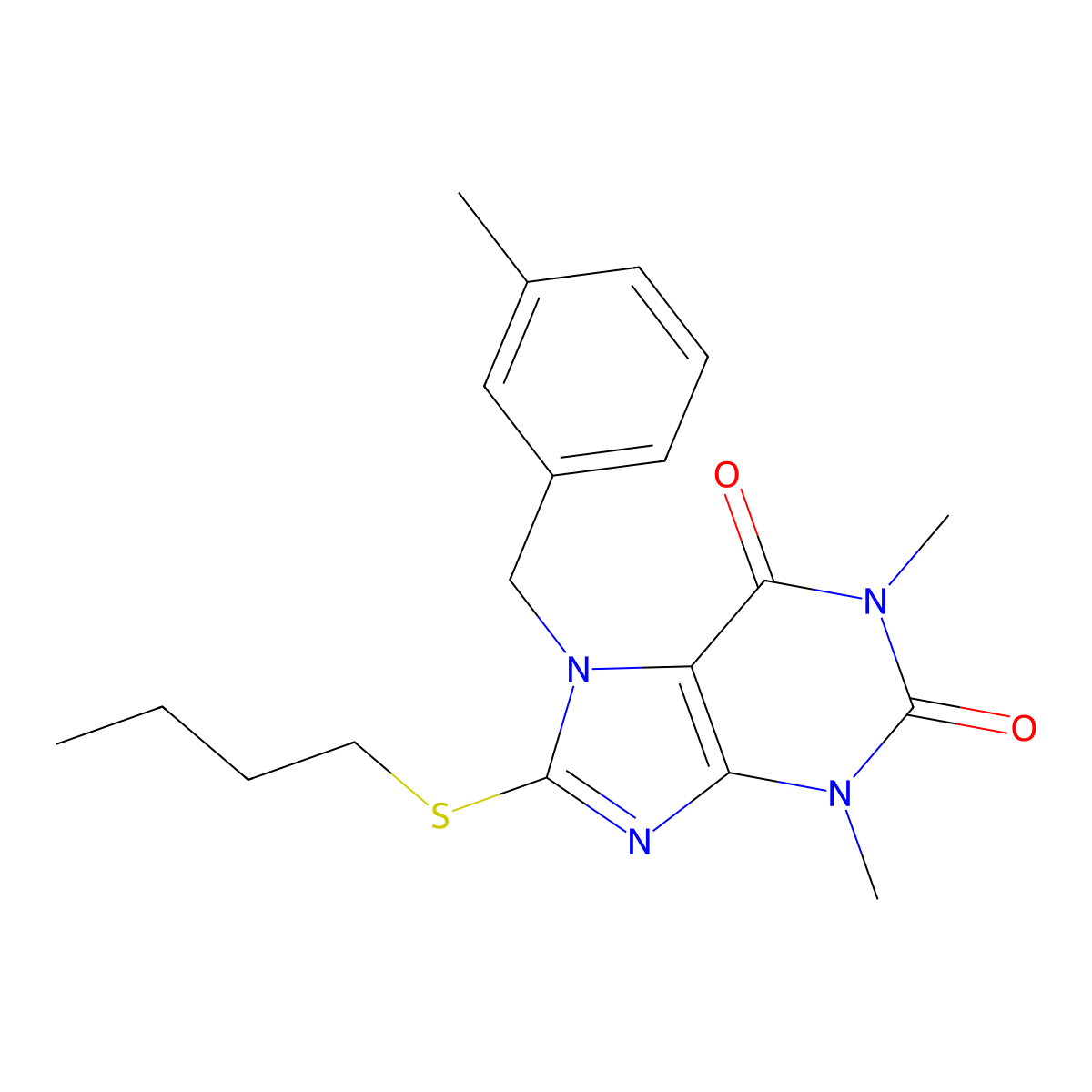 8-(butylthio)-1,3-dimethyl-7-(3-methylbenzyl)-1H-purine-2,6(3H,7H)-dione molecular structure, CAS 378206-93-0