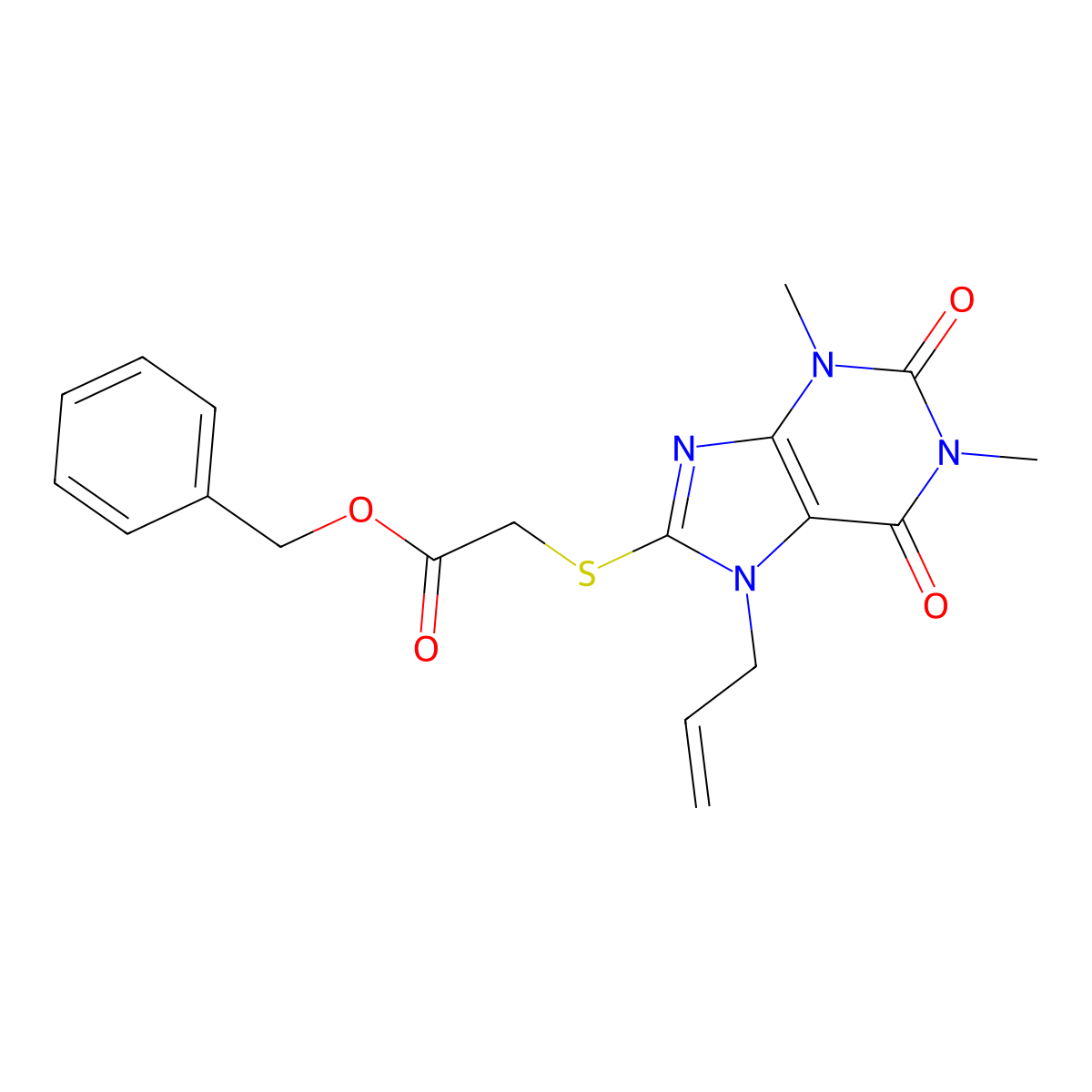 (7-Allyl-1,3-dimethyl-2,6-dioxo-2,3,6,7-tetrahydro-1H-purin-8-ylsulfanyl)-acetic acid benzyl ester molecular structure, CAS 378207-02-4