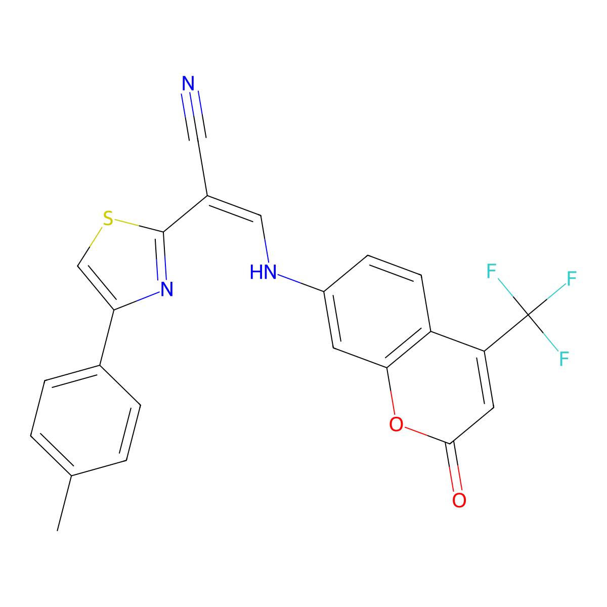 2-[4-(4-Methylphenyl)-1,3-thiazol-2-yl]-3-[[2-oxo-4-(trifluoromethyl)chromen-7-yl]amino]prop-2-enenitrile molecular structure, CAS 378207-20-6