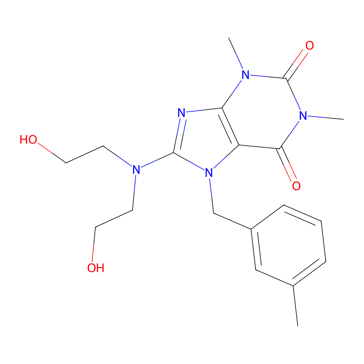 8-(Bis(2-hydroxyethyl)amino)-1,3-dimethyl-7-(3-methylbenzyl)-3,7-dihydro-1H-purine-2,6-dione molecular structure, CAS 378207-75-1