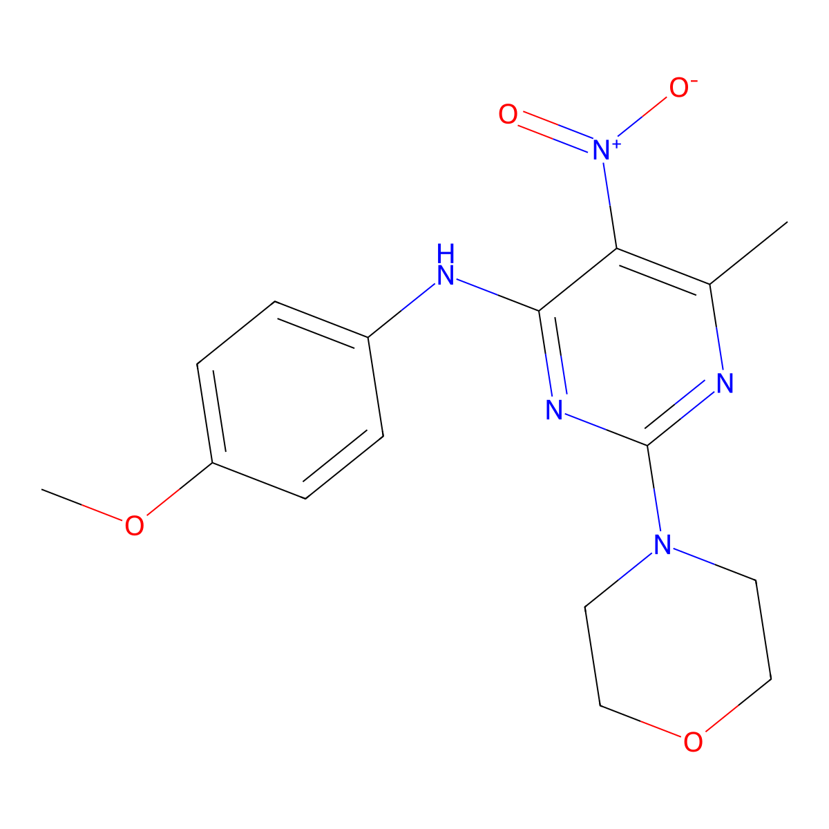 N-(4-methoxyphenyl)-6-methyl-2-(morpholin-4-yl)-5-nitropyrimidin-4-amine molecular structure, CAS 378208-76-5