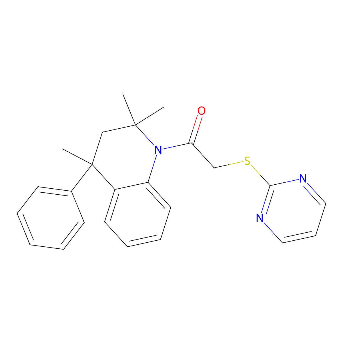 2-pyrimidin-2-ylsulfanyl-1-(2,2,4-trimethyl-4-phenyl-3H-quinolin-1-yl)ethanone molecular structure, CAS 378209-29-1