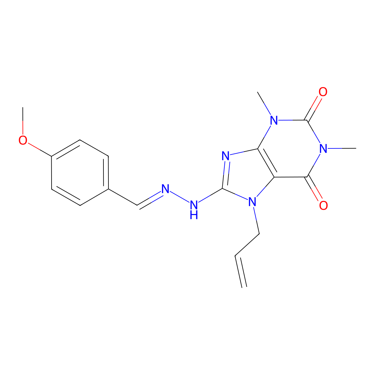 8-[2-[(4-Methoxyphenyl)methylidene]hydrazinyl]-1,3-dimethyl-7-prop-2-enylpurine-2,6-dione molecular structure, CAS 378209-33-7