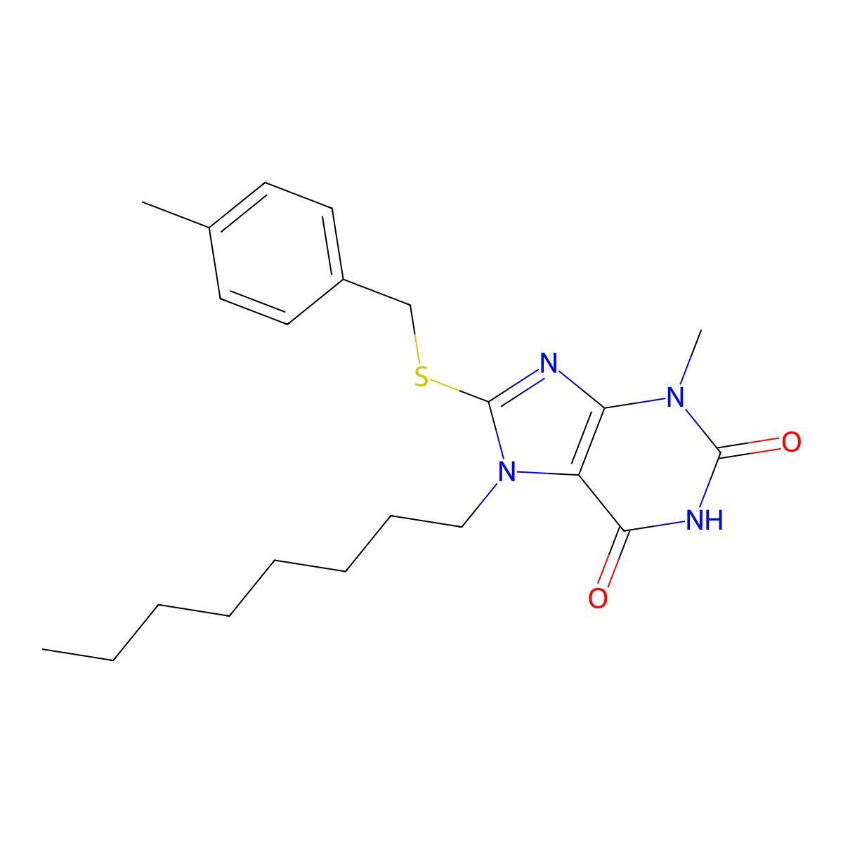 3-Methyl-8-[(4-methylphenyl)methylsulfanyl]-7-octylpurine-2,6-dione molecular structure, CAS 378210-05-0