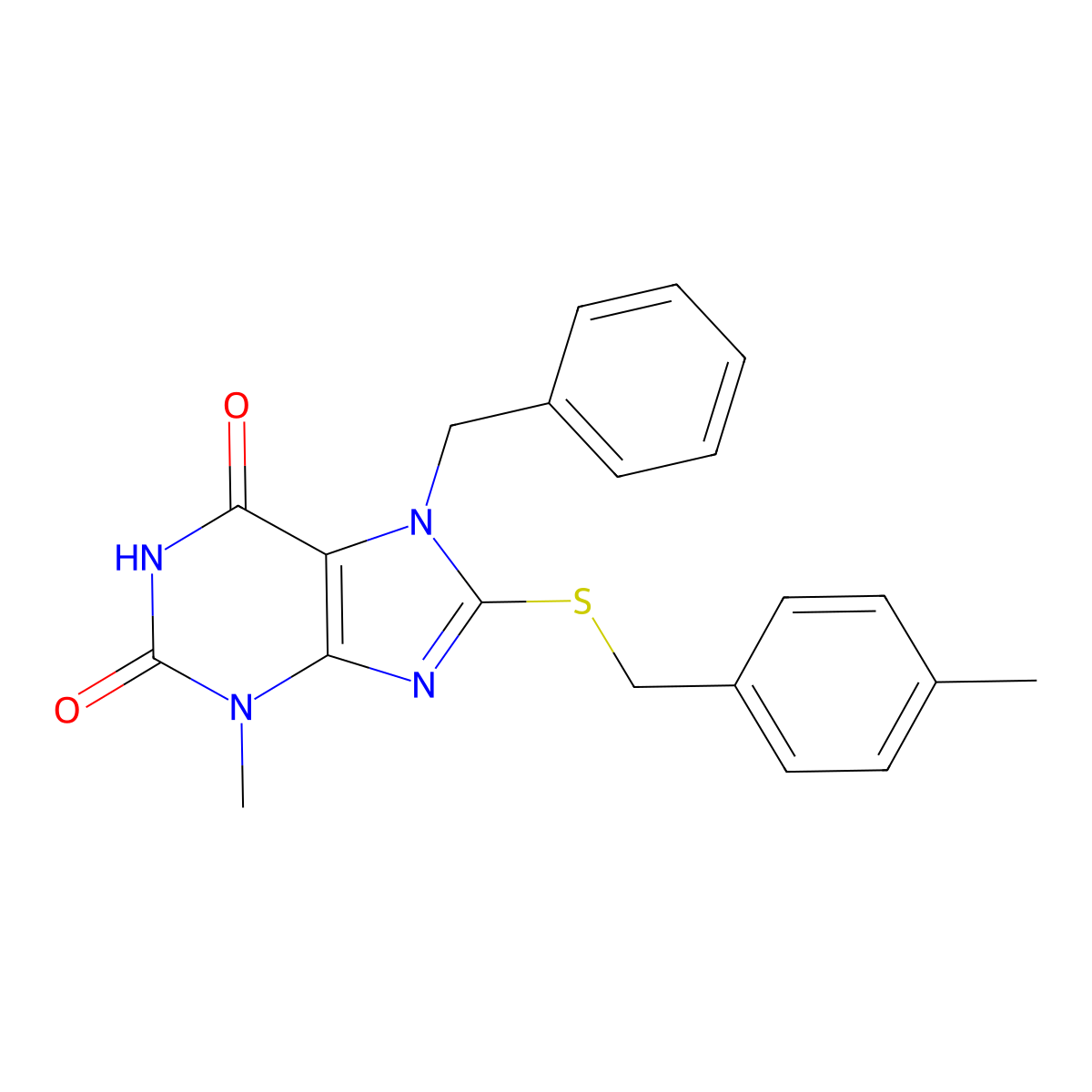 7-Benzyl-3-methyl-8-((4-methylbenzyl)thio)-3,7-dihydro-1H-purine-2,6-dione molecular structure, CAS 378210-36-7