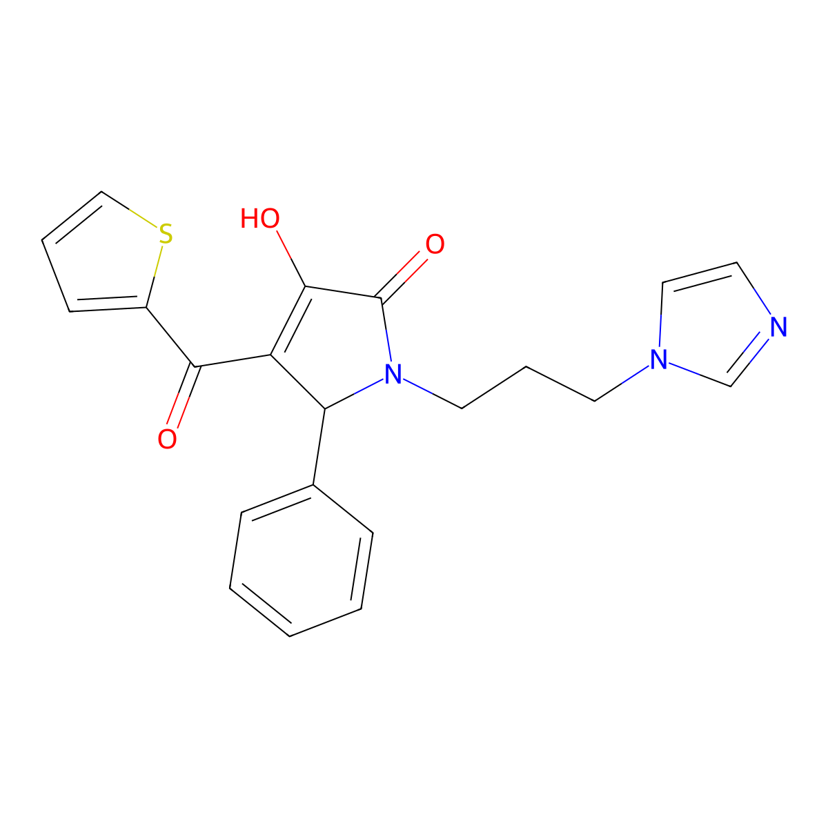 3-hydroxy-1-[3-(1H-imidazol-1-yl)propyl]-5-phenyl-4-(thiophen-2-ylcarbonyl)-1,5-dihydro-2H-pyrrol-2-one molecular structure, CAS 378210-45-8