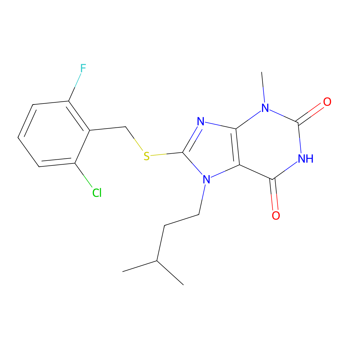 8-((2-chloro-6-fluorobenzyl)thio)-7-isopentyl-3-methyl-1H-purine-2,6(3H,7H)-dione molecular structure, CAS 378210-89-0