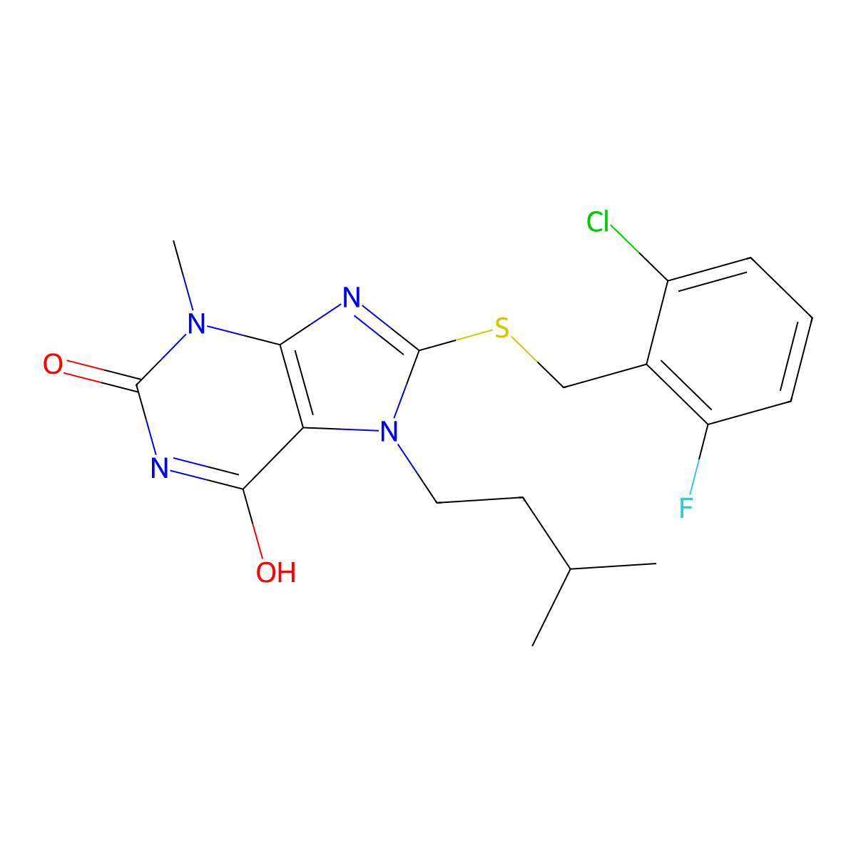 8-((2-chloro-6-fluorobenzyl)thio)-7-isopentyl-3-methyl-1H-purine-2,6(3H,7H)-dione molecular structure, CAS 378210-89-0