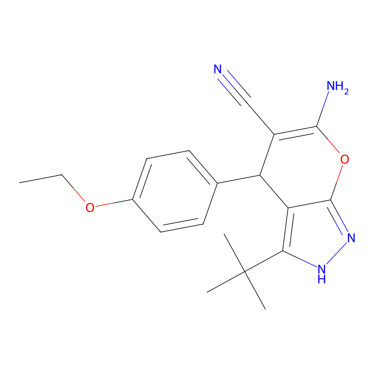 6-Amino-3-tert-BU-4-(4-ethoxy-PH)1,4-dihydropyrano(2,3-C)pyrazole-5-carbonitrile molecular structure, CAS 378211-70-2