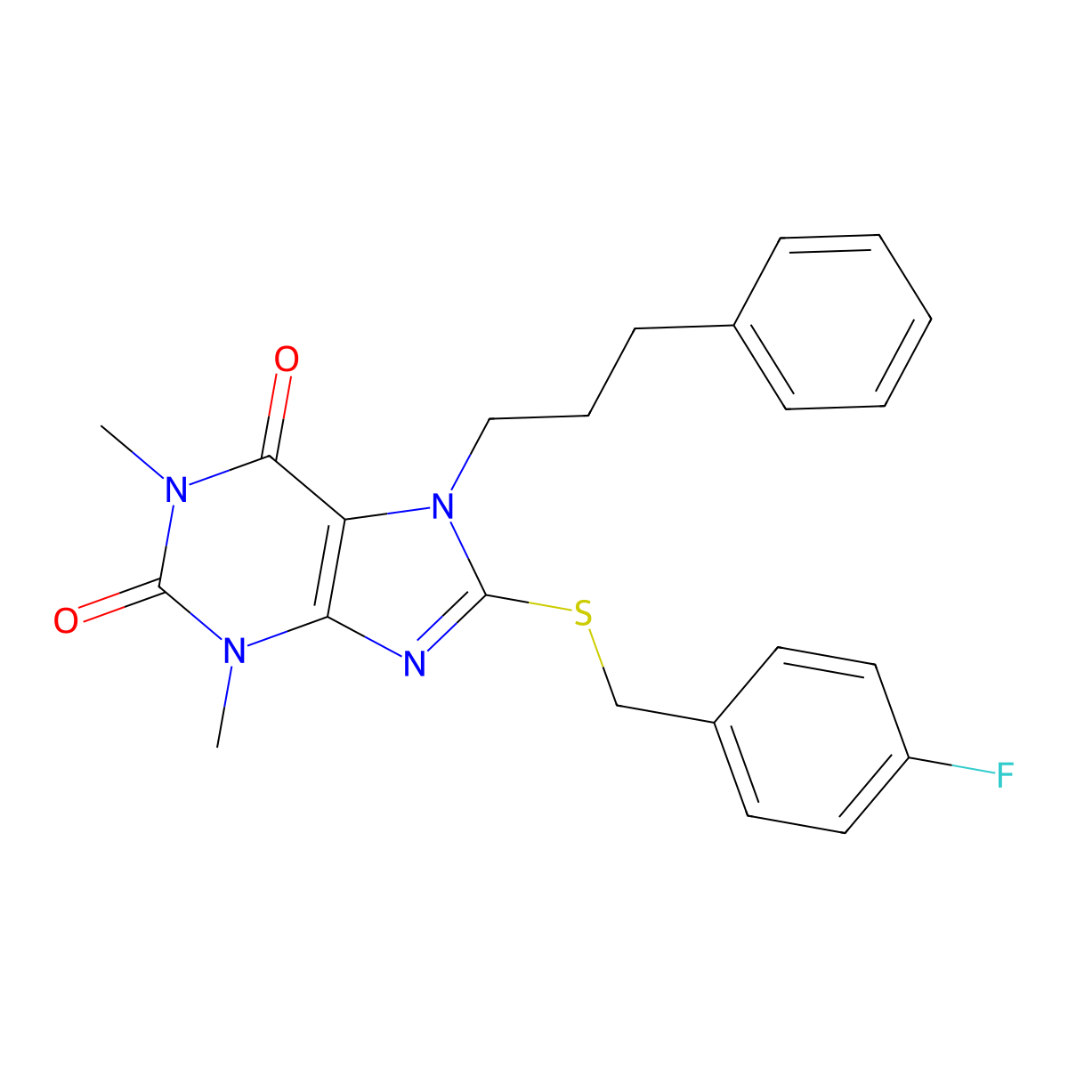 8-[(4-Fluorophenyl)methylsulfanyl]-1,3-dimethyl-7-(3-phenylpropyl)purine-2,6-dione molecular structure, CAS 378211-74-6