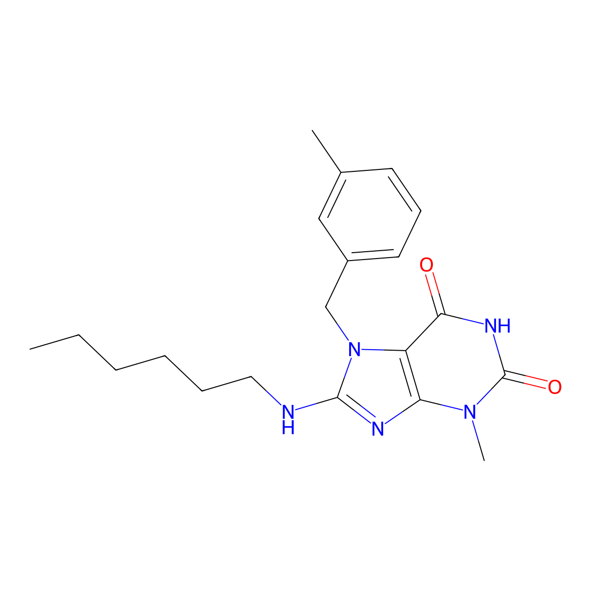 8-(hexylamino)-3-methyl-7-(3-methylbenzyl)-3,7-dihydro-1H-purine-2,6-dione molecular structure, CAS 378211-94-0