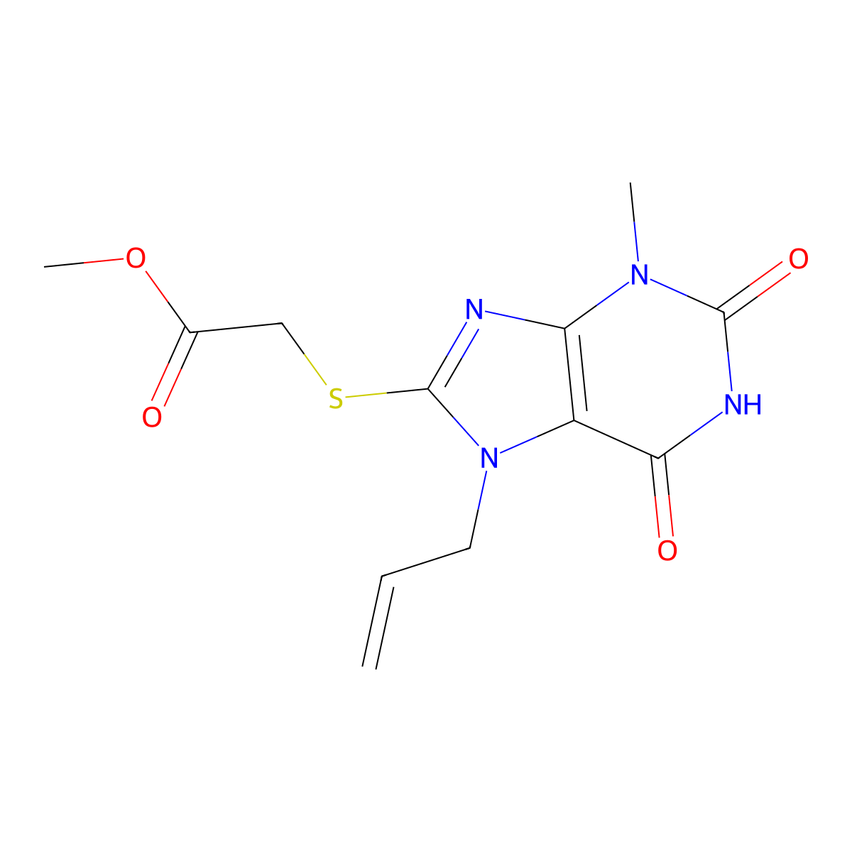 methyl {[3-methyl-2,6-dioxo-7-(prop-2-en-1-yl)-2,3,6,7-tetrahydro-1H-purin-8-yl]sulfanyl}acetate molecular structure, CAS 378212-00-1