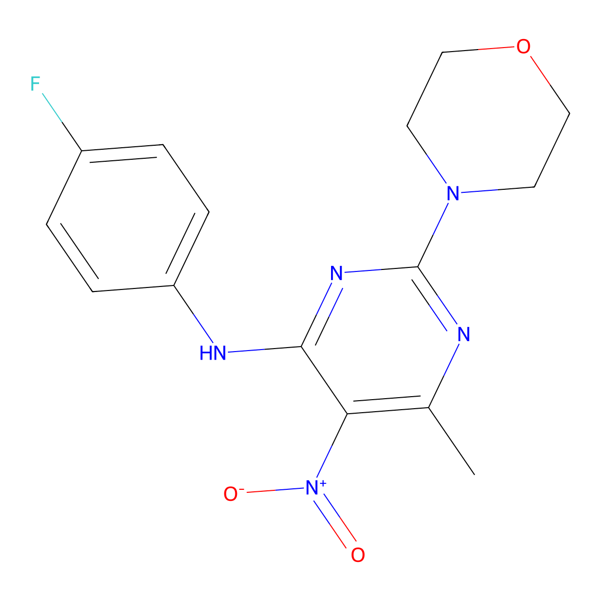 N-(4-fluorophenyl)-6-methyl-2-morpholin-4-yl-5-nitropyrimidin-4-amine molecular structure, CAS 378212-21-6