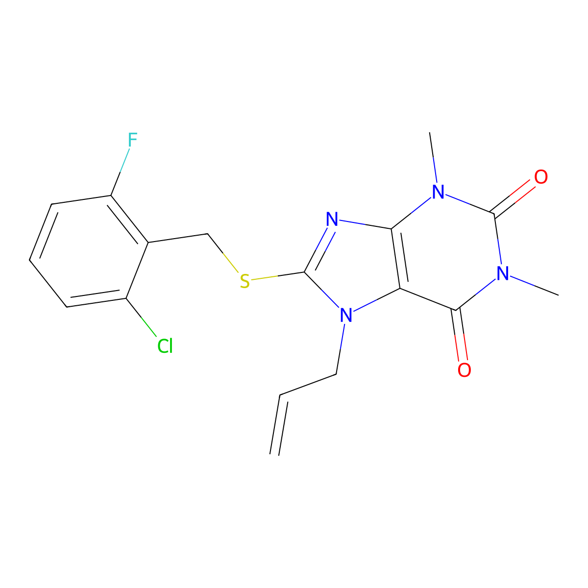 8-{[(2-chloro-6-fluorophenyl)methyl]sulfanyl}-1,3-dimethyl-7-(prop-2-en-1-yl)-2,3,6,7-tetrahydro-1H-purine-2,6-dione molecular structure, CAS 378214-44-9