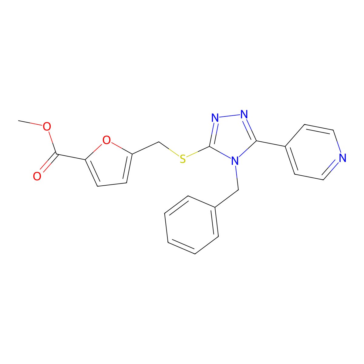 Methyl 5-[(4-benzyl-5-pyridin-4-yl-1,2,4-triazol-3-yl)sulfanylmethyl]furan-2-carboxylate molecular structure, CAS 378214-50-7