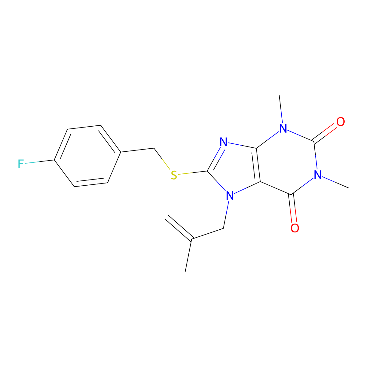 8-[(4-Fluorophenyl)methylsulfanyl]-1,3-dimethyl-7-(2-methylprop-2-enyl)purine-2,6-dione molecular structure, CAS 378215-57-7
