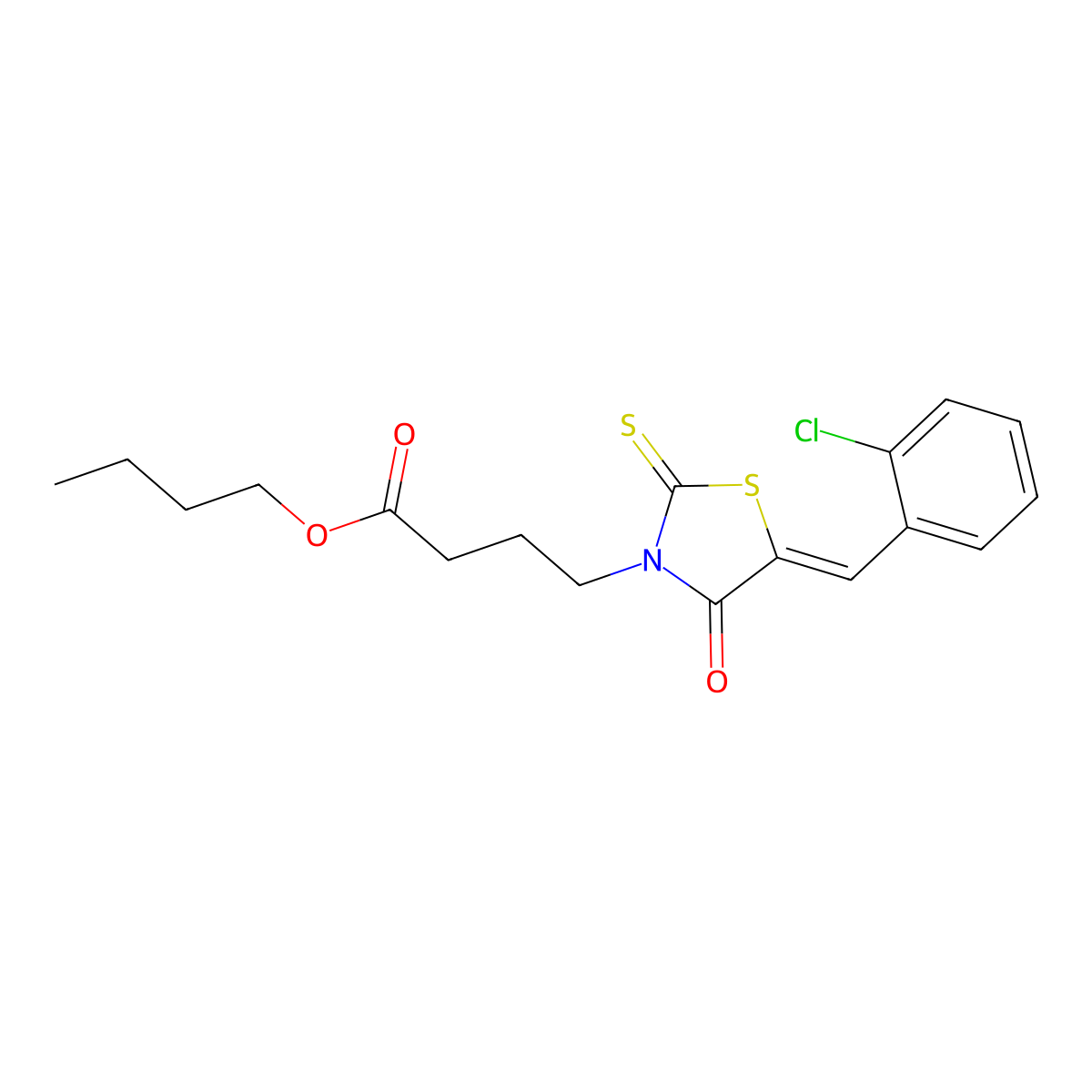 Butyl 5-[(2-chlorophenyl)methylene]-4-oxo-2-thioxo-3-thiazolidinebutanoate molecular structure, CAS 378215-80-6