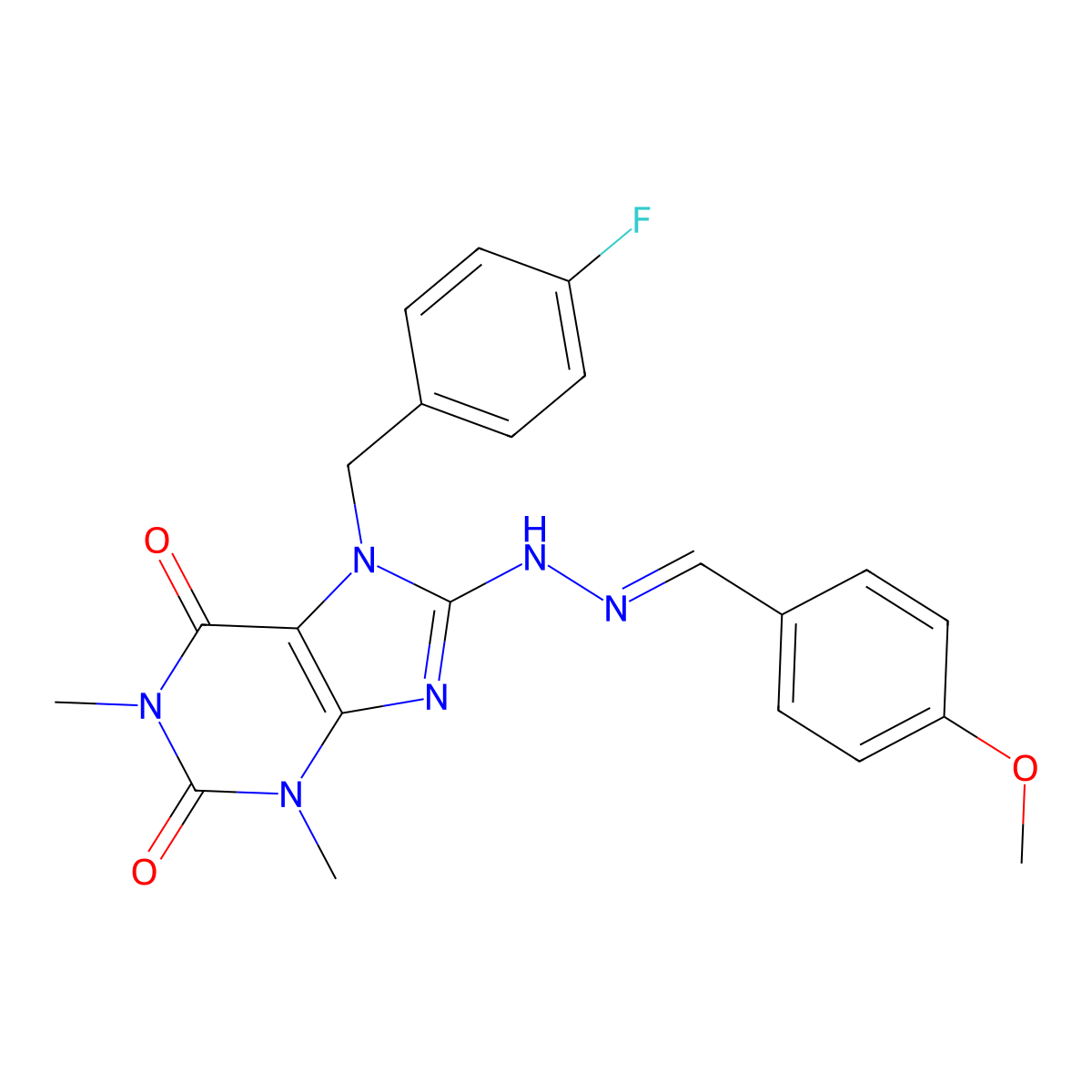 7-[(4-Fluorophenyl)methyl]-8-[2-[(4-methoxyphenyl)methylidene]hydrazinyl]-1,3-dimethylpurine-2,6-dione molecular structure, CAS 378216-49-0