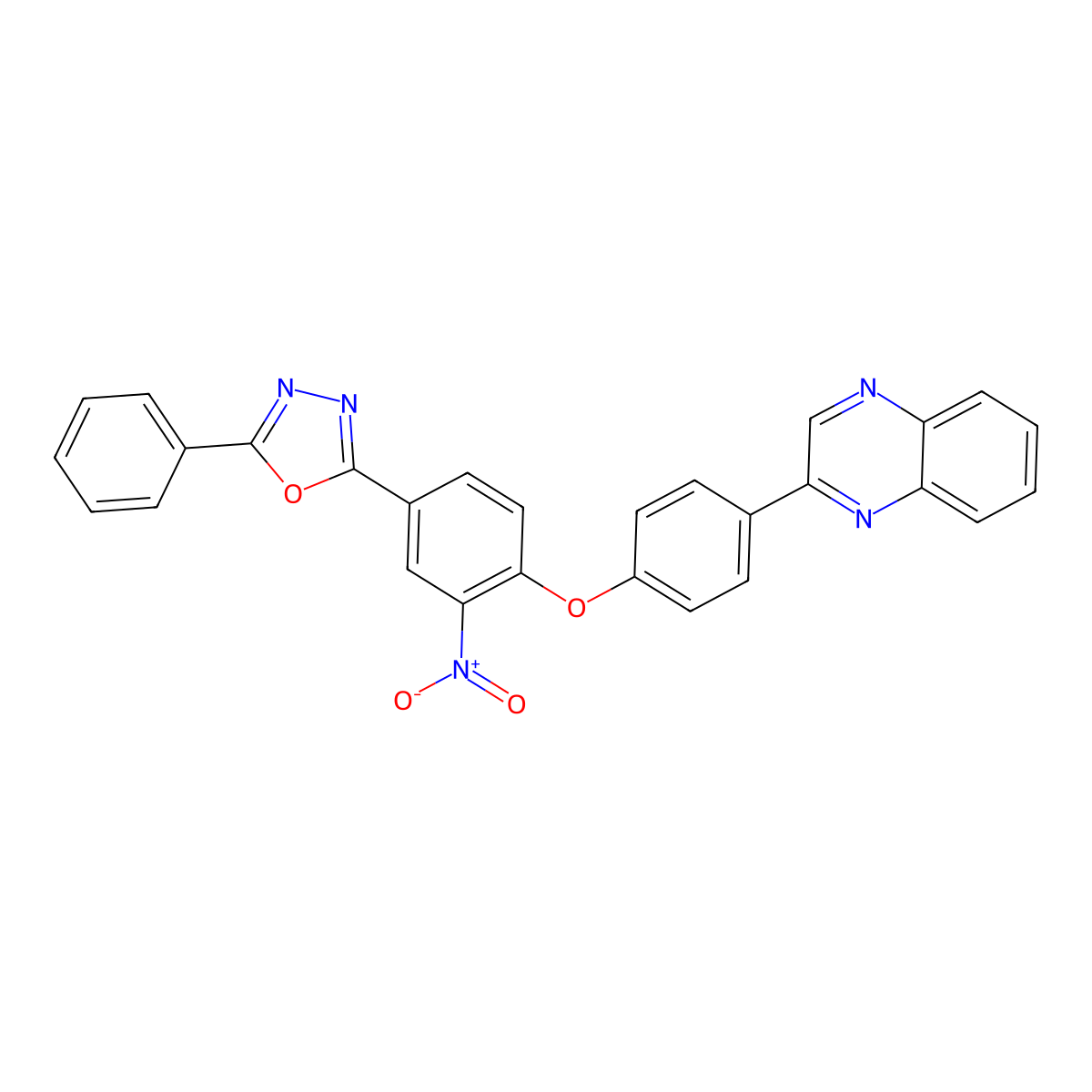 2-[3-Nitro-4-(4-quinoxalin-2-ylphenoxy)phenyl]-5-phenyl-1,3,4-oxadiazole molecular structure, CAS 378217-87-9