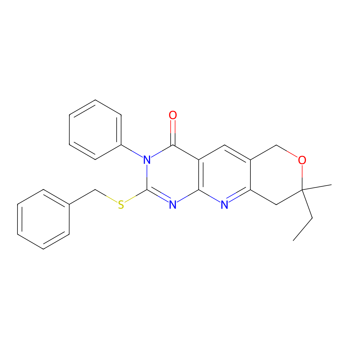 2-(benzylsulfanyl)-8-ethyl-8-methyl-3-phenyl-3,6,8,9-tetrahydro-4H-pyrano[3',4':5,6]pyrido[2,3-d]pyrimidin-4-one molecular structure, CAS 378219-16-0