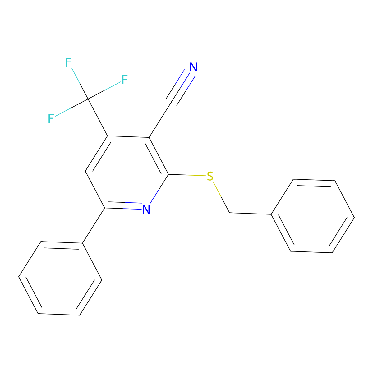 2-Benzylsulfanyl-6-phenyl-4-(trifluoromethyl)pyridine-3-carbonitrile molecular structure, CAS 378221-74-0