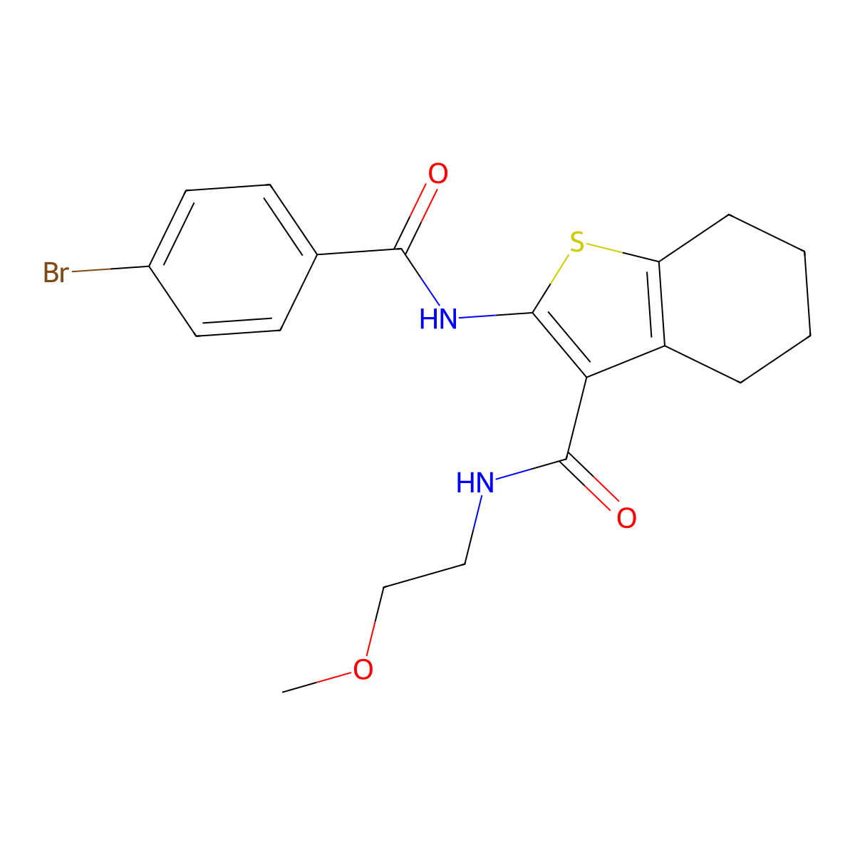 2-{[(4-bromophenyl)carbonyl]amino}-N-(2-methoxyethyl)-4,5,6,7-tetrahydro-1-benzothiophene-3-carboxamide molecular structure, CAS 378222-47-0
