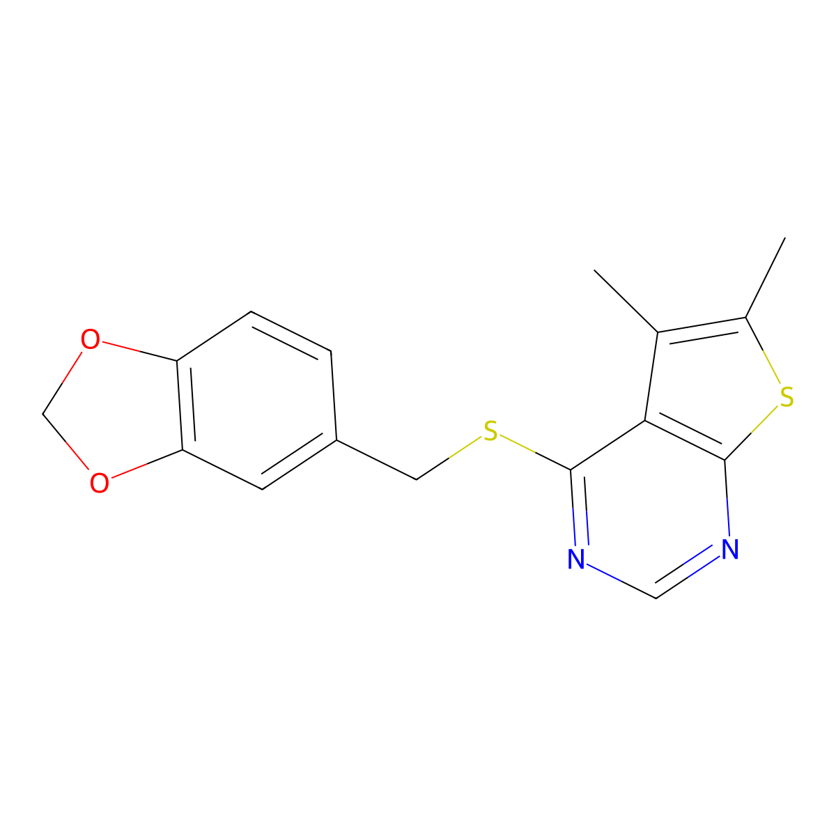 4-{[(2H-1,3-benzodioxol-5-yl)methyl]sulfanyl}-5,6-dimethylthieno[2,3-d]pyrimidine molecular structure, CAS 378224-94-3