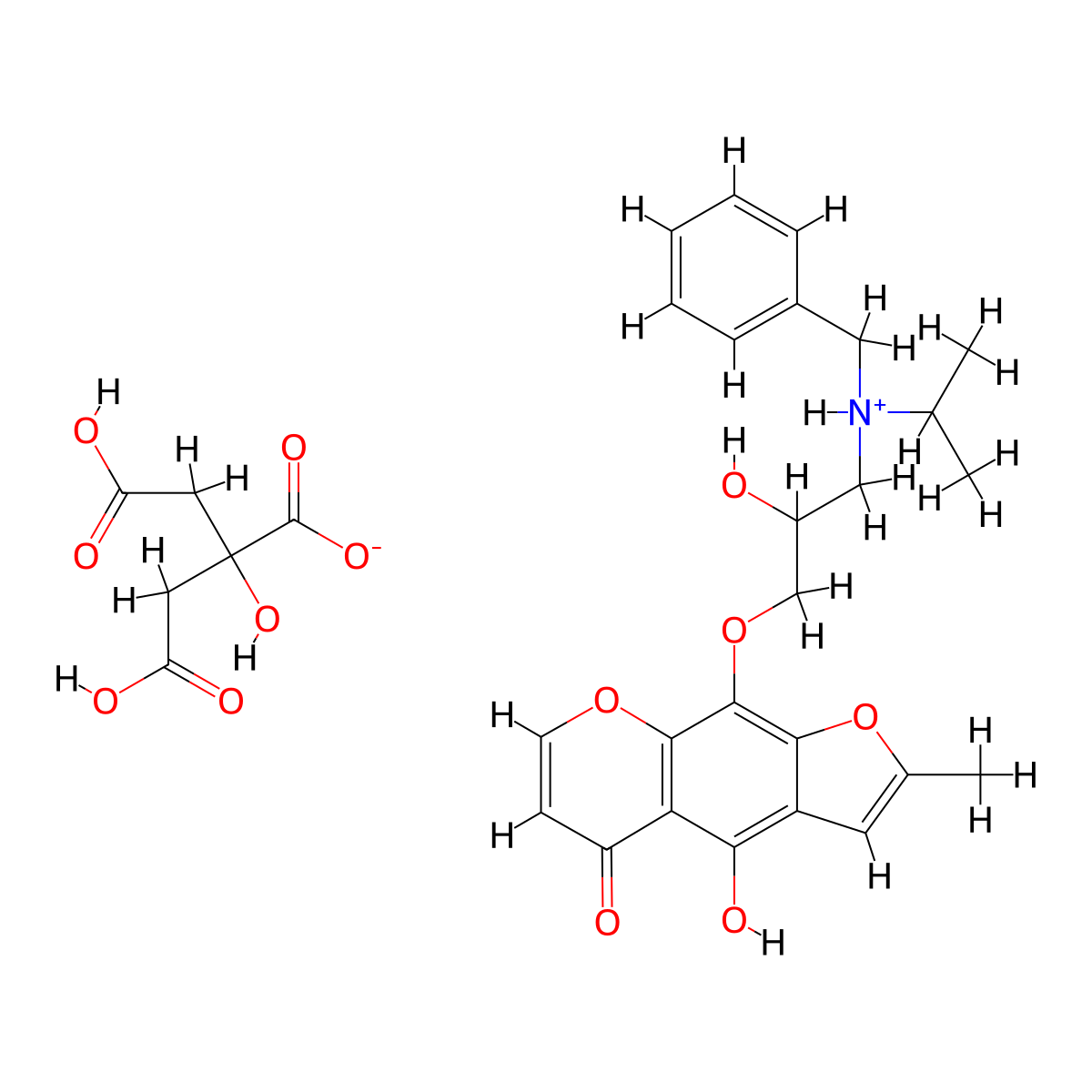 2-Hydroxypropane-1,2,3-tricarboxylic acid--9-(3-(benzyl(propan-2-yl)amino)-2-hydroxypropoxy)-4-hydroxy-2-methyl-5H-furo(3,2-g)(1)benzopyran-5-one (1/1) molecular structure, CAS 37855-77-9