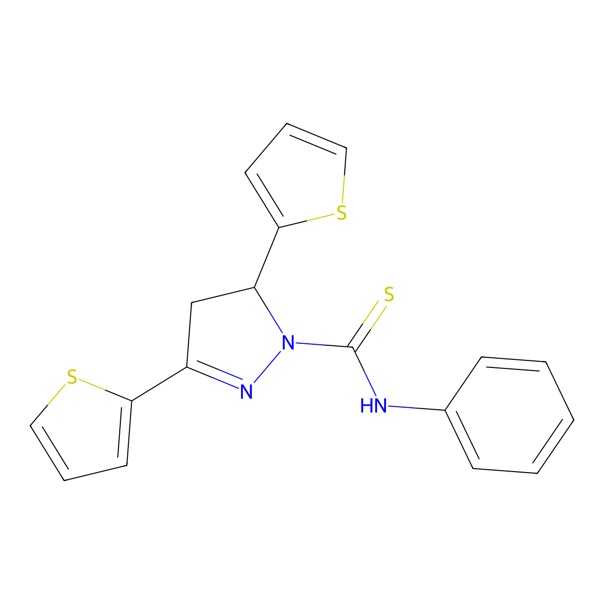N-phenyl-3,5-dithiophen-2-yl-3,4-dihydropyrazole-2-carbothioamide molecular structure, CAS 37865-33-1