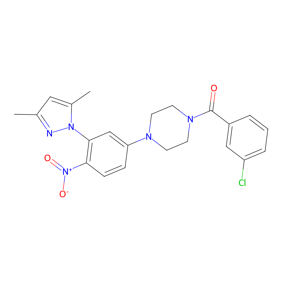 (3-Chlorophenyl)-[4-[3-(3,5-dimethylpyrazol-1-yl)-4-nitrophenyl]piperazin-1-yl]methanone molecular structure, CAS 378752-01-3