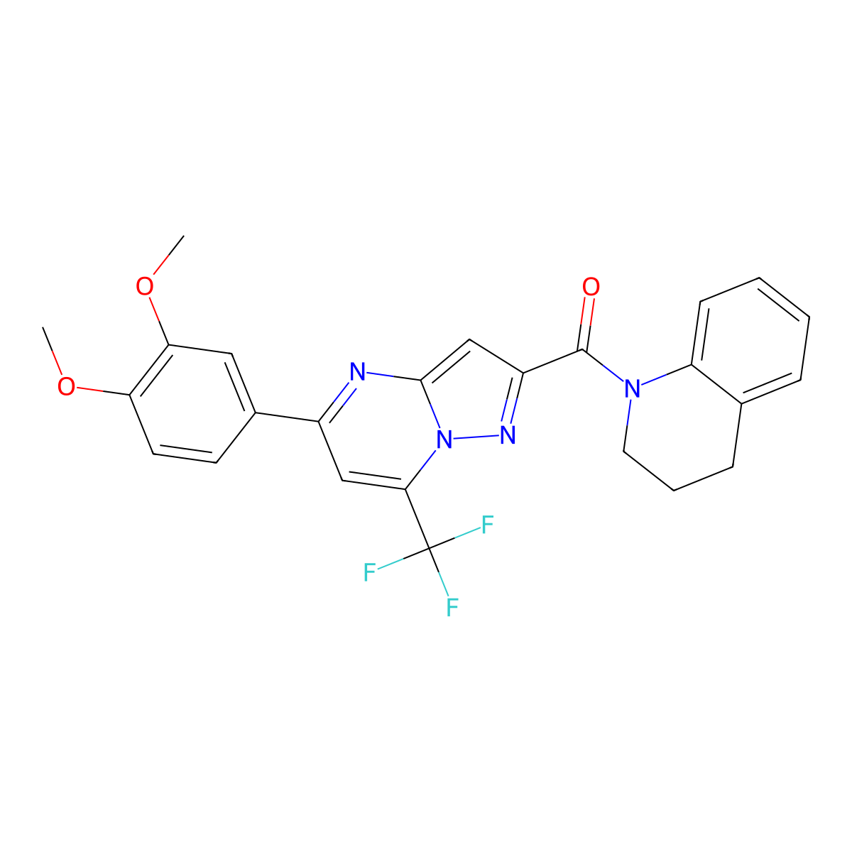 3,4-dihydro-2H-quinolin-1-yl-[5-(3,4-dimethoxyphenyl)-7-(trifluoromethyl)pyrazolo[1,5-a]pyrimidin-2-yl]methanone molecular structure, CAS 378752-53-5