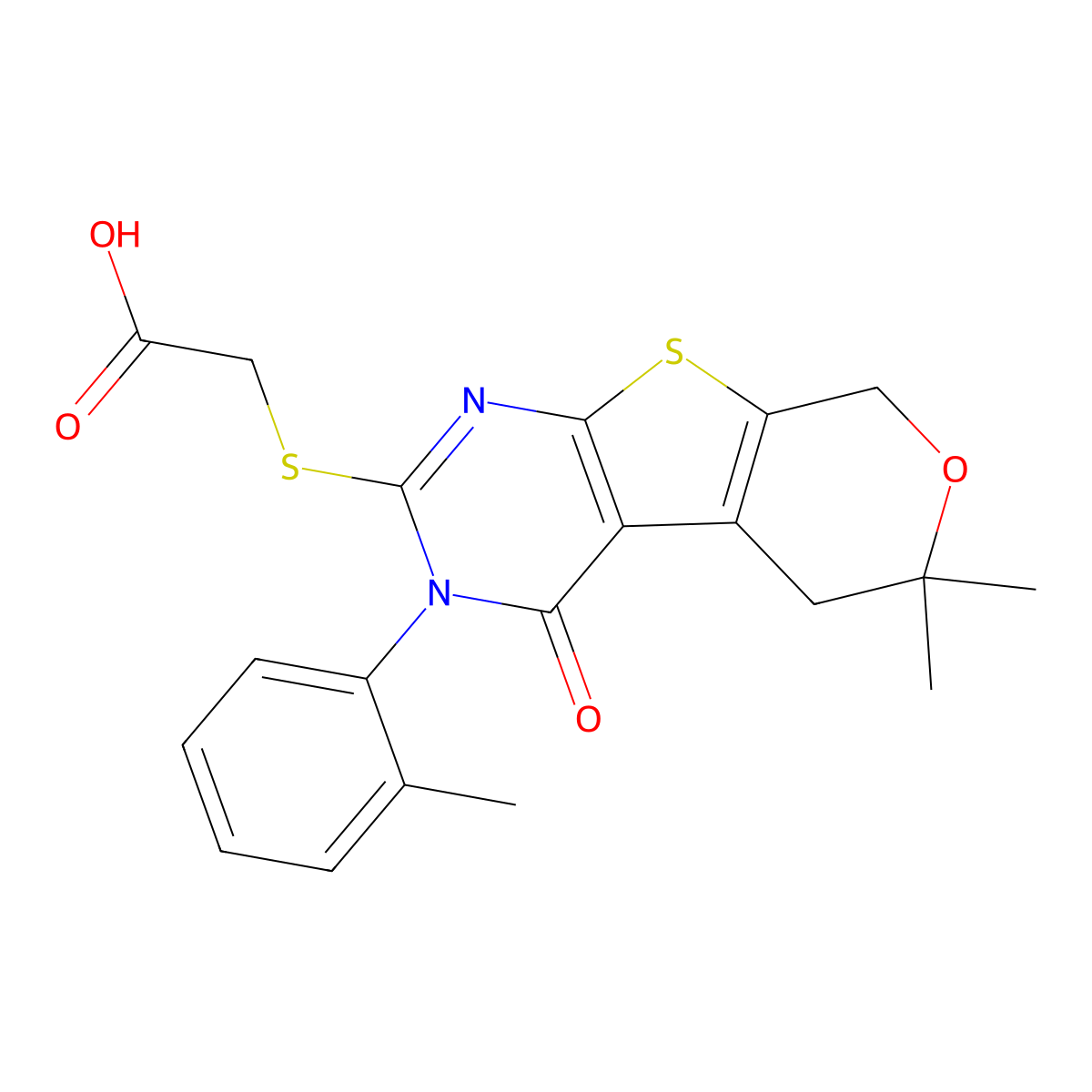 2-[[6,6-Dimethyl-3-(2-methylphenyl)-4-oxo-5,8-dihydropyrano[2,3]thieno[2,4-b]pyrimidin-2-yl]sulfanyl]acetic acid molecular structure, CAS 378757-38-1