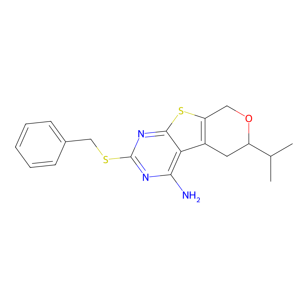 2-(benzylsulfanyl)-6-(propan-2-yl)-5,8-dihydro-6H-pyrano[4',3':4,5]thieno[2,3-d]pyrimidin-4-amine molecular structure, CAS 378758-08-8