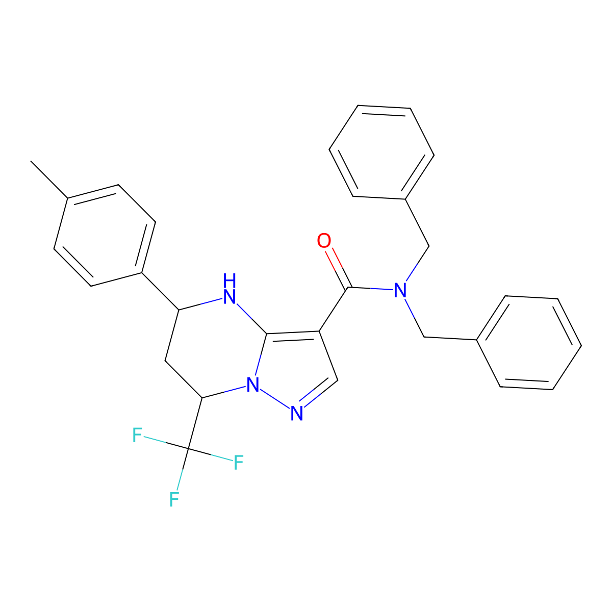 N,N-dibenzyl-5-(4-methylphenyl)-7-(trifluoromethyl)-4,5,6,7-tetrahydropyrazolo[1,5-a]pyrimidine-3-carboxamide molecular structure, CAS 378758-19-1