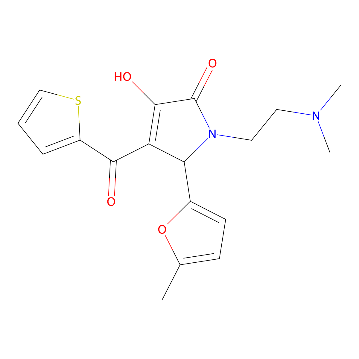 Pyrrol-2-one, 1-(2-dimethylaminoethyl)-3-hydroxy-5-(5-methylfuran-2-yl)-4-(thiophene-2-carbonyl)-1,5-dihydro- molecular structure, CAS 378758-57-7