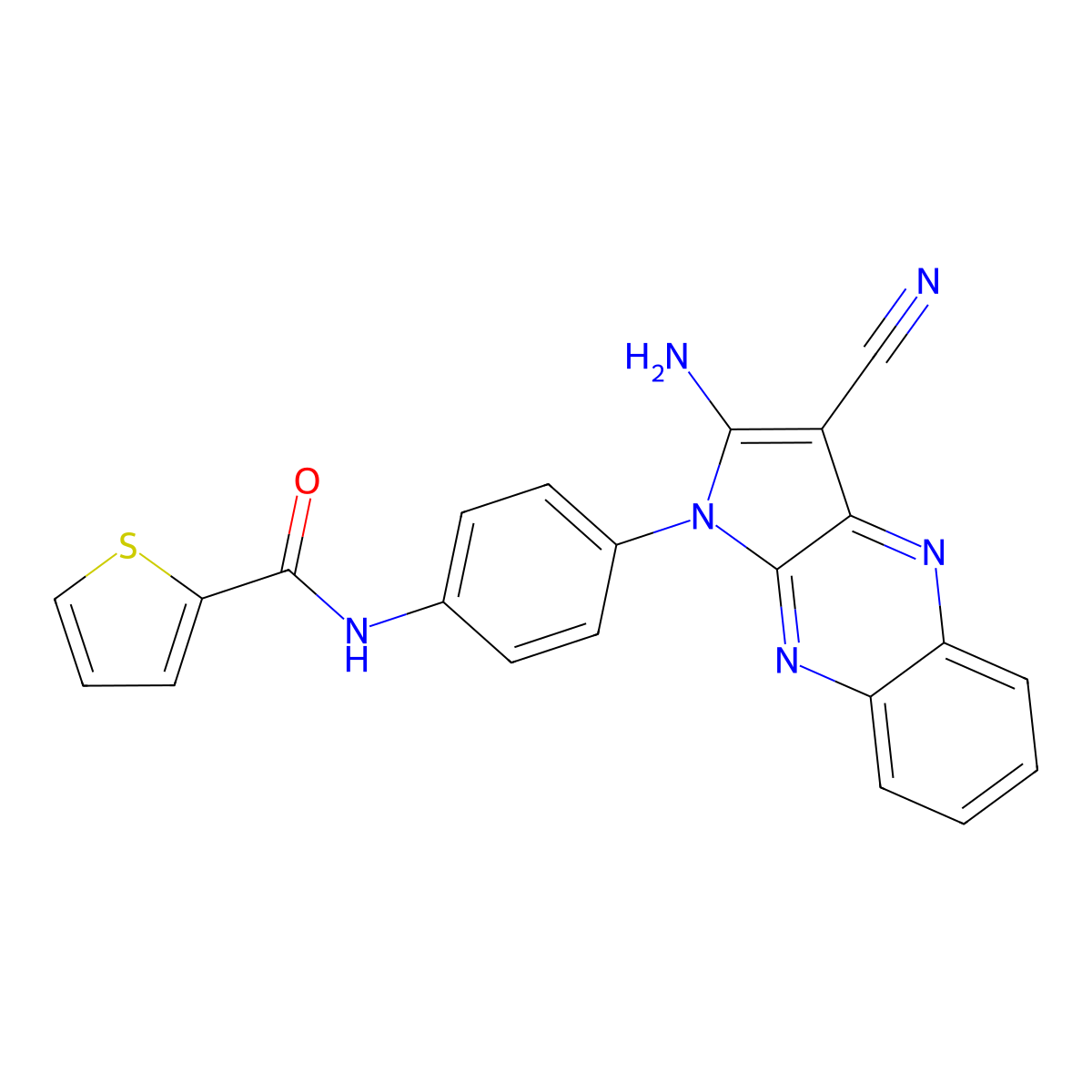 N-(4-(2-amino-3-cyano-1H-pyrrolo[2,3-b]quinoxalin-1-yl)phenyl)thiophene-2-carboxamide molecular structure, CAS 378760-76-0