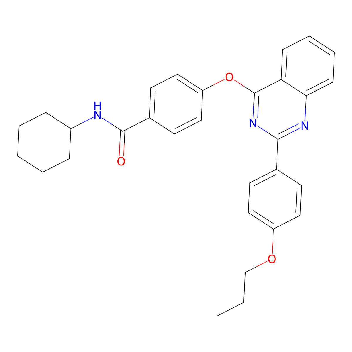 N-cyclohexyl-4-((2-(4-propoxyphenyl)quinazolin-4-yl)oxy)benzamide molecular structure, CAS 378760-92-0