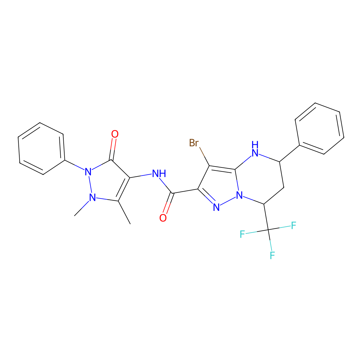 3-bromo-N-(1,5-dimethyl-3-oxo-2-phenyl-2,3-dihydro-1H-pyrazol-4-yl)-5-phenyl-7-(trifluoromethyl)-4,5,6,7-tetrahydropyrazolo[1,5-a]pyrimidine-2-carboxamide molecular structure, CAS 378761-16-1