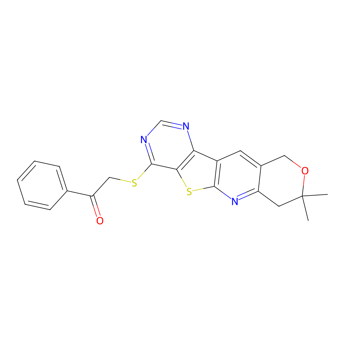 2-((8,8-dimethyl-8,10-dihydro-7H-pyrano[3'',4'':5',6']pyrido[3',2':4,5]thieno[3,2-d]pyrimidin-4-yl)thio)-1-phenylethanone molecular structure, CAS 378762-01-7