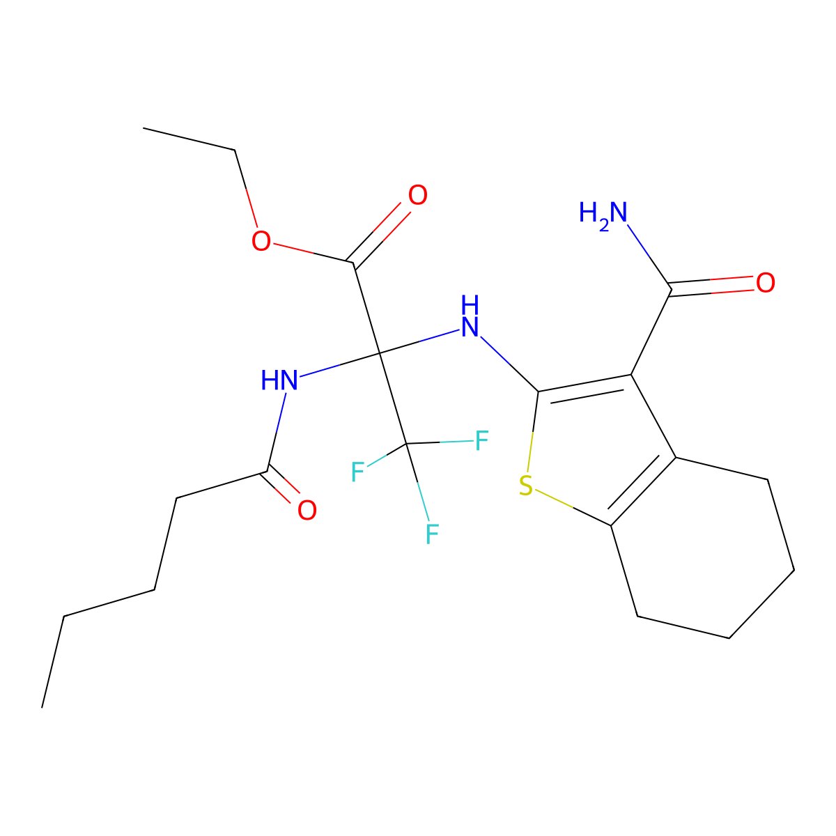 Ethyl 2-[(3-carbamoyl-4,5,6,7-tetrahydro-1-benzothiophen-2-yl)amino]-3,3,3-trifluoro-2-(pentanoylamino)propanoate molecular structure, CAS 378762-43-7