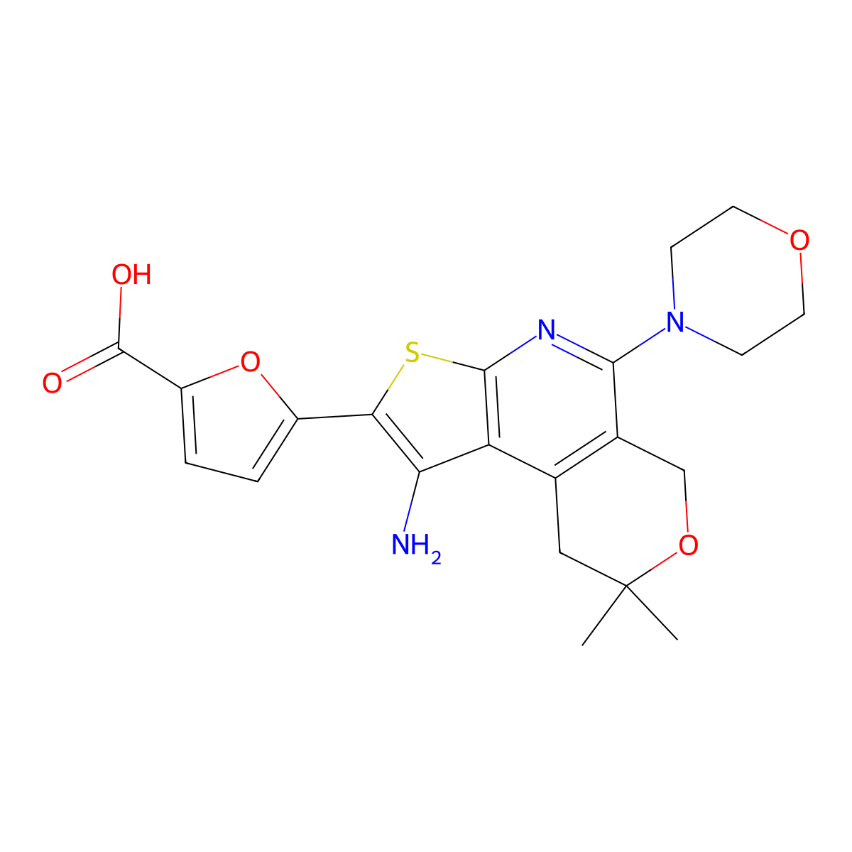 5-(1-Amino-8,8-dimethyl-5-morpholino-8,9-dihydro-6H-pyrano[4,3-d]thieno[2,3-b]pyridin-2-yl)furan-2-carboxylic acid molecular structure, CAS 378763-92-9