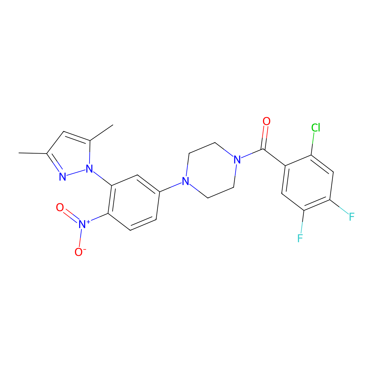 (2-Chloro-4,5-difluorophenyl)-[4-[3-(3,5-dimethylpyrazol-1-yl)-4-nitrophenyl]piperazin-1-yl]methanone molecular structure, CAS 378765-26-5